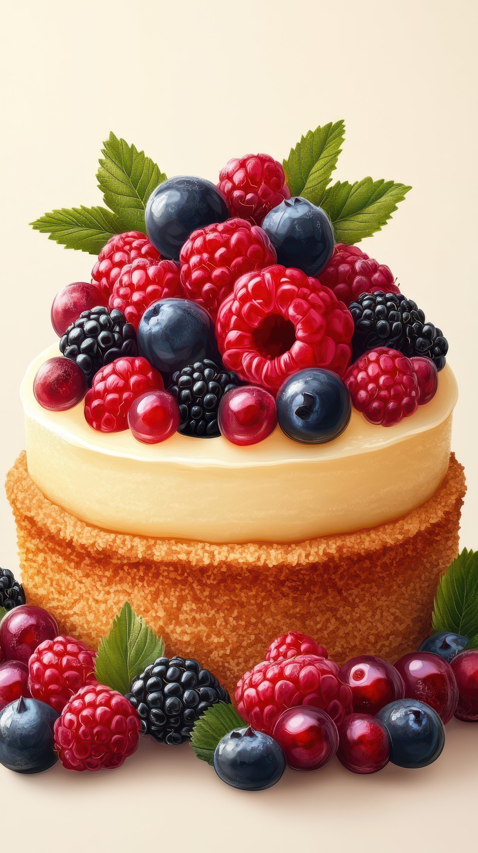 Delicious berry-topped cheesecake on a light background with vibrant colors and fresh mint leaves